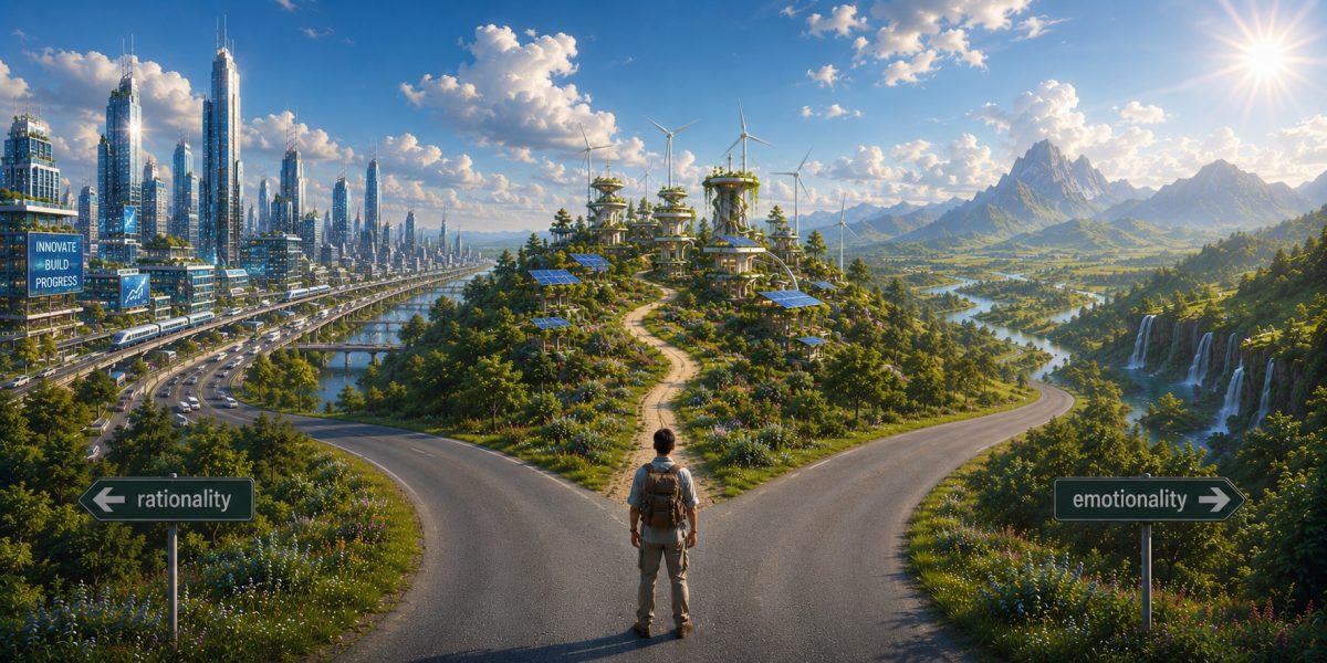 A person choosing whether to go towards rationality to a city, or towards emotionality to nature with the less travelled path in the middle.
